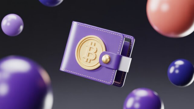 A purple wallet with a gold bitcoin emblem floats amidst colorful spheres, symbolizing digital finance and the modern economy