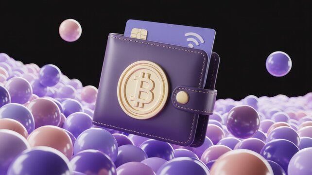 3d render of a purple wallet with a bitcoin symbol and a credit card, surrounded by spheres, representing digital currency and finance