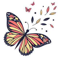 Beautiful butterfly with leaves flying around