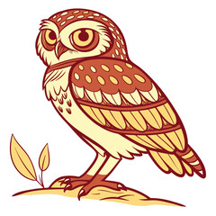 Colorful illustration of a little owl perched on a branch isolated on white