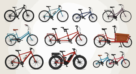 Obraz premium Collection of various bicycles including mountain bikes tandem bikes and cargo bikes on a white background
