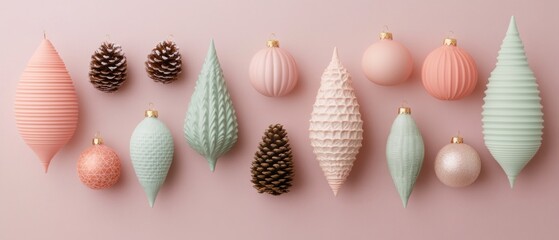 Pastel christmas ornament and pine cone flatlay winter holiday decoration