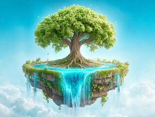 floating island with a giant tree of life, glowing roots dripping waterfalls into the clouds, magical fantasy landscape, cinematic atmosphere