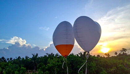 Obraz premium Pair of whimsical balloons against a tropical sunset and lush vegetation