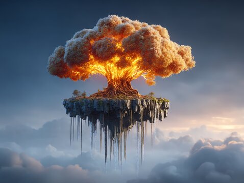 floating island with a giant tree of life, glowing roots dripping waterfalls into the clouds, magical fantasy landscape, cinematic atmosphere - Powered by Adobe