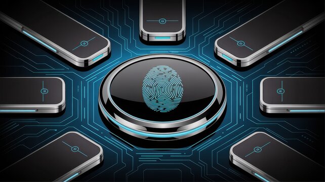 Futuristic fingerprint scanner surrounded by multiple devices, symbolizing advanced security and biometric authentication in technology