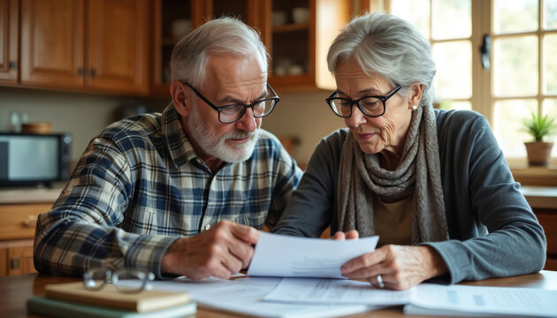 Senior couple reviews estate planning documents at kitchen table. Surrounded by finance books, glasses, discuss retirement, wealth management, future security decisions. Scene signifies