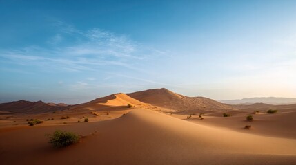 Golden sand dunes stretch endlessly under the warm glow of the Sahara desert at sunset.