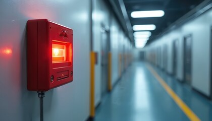 Red fire alarm system device with emergency light in long building corridor. Warning prevention industrial settings, risk control. Security technology for apartment complex, offices, buildings. Fire