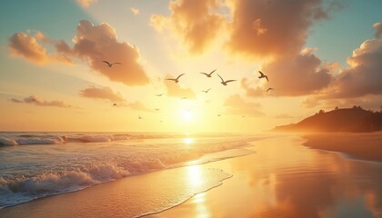 Golden sunrise over ocean beach with seagulls flying in warm sky. Gentle waves wash shore. Coastal landscape invites tranquility and peace. Natural beauty inspires calm.