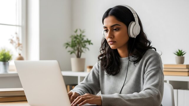 Focused Indian Woman Working on Laptop with Headphones Indoors