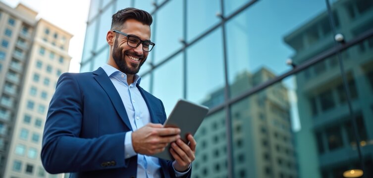 Smiling businessman in suit with glasses uses tablet outside modern office building. Digital technology for business success, finance, global network, virtual interface, and future work concepts.