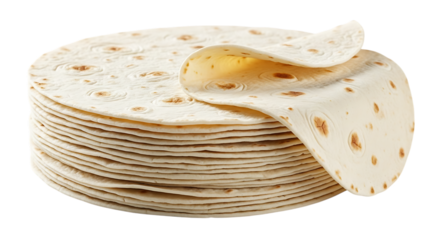Stack of flour tortillas isolated on transparent background
