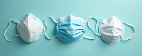Collection of medical face masks, including FFP2, FFP3, surgical types, arranged on blue background. Protective masks essential for public health, preventing disease spread during pandemics, flu