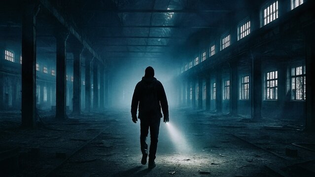 Silhouetted figure with a flashlight navigates through a dark, abandoned warehouse. Light streams through broken windows, creating an eerie atmosphere filled with mystery and suspense