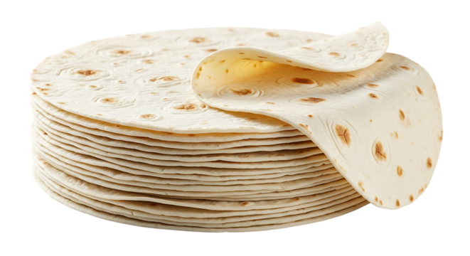 Stack of flour tortillas isolated on transparent background