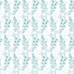 Seamless botanical pattern with delicate hand drawn wildflower, branch element. Toile de Jouy Vector illustration for greeting card, fabric, textile, paper, print