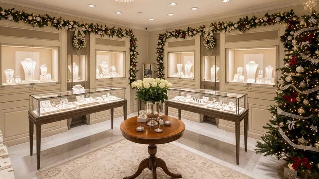 Luxurious jewelry store interior adorned with festive Christmas decorations, showcasing sparkling necklaces, rings, and earrings in elegant display cases, creating a warm holiday shopping atmosphere.