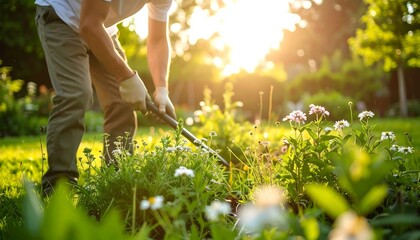 A man weeding a garden at sunset