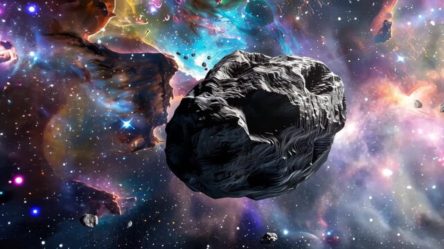 Cosmic Rock: An imposing asteroid floats majestically in a vibrant nebula. This image encapsulates the grandeur of space, featuring a large, textured rock against a backdrop of celestial bodies.
