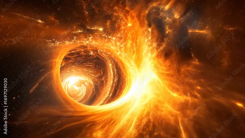Poster celestial inferno: a dynamic illustration of a fiery cosmic vortex, spiraling with intense energy an