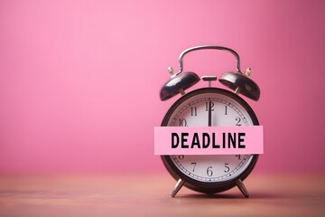 Alarm clock with deadline label on pink background symbolizing time pressure