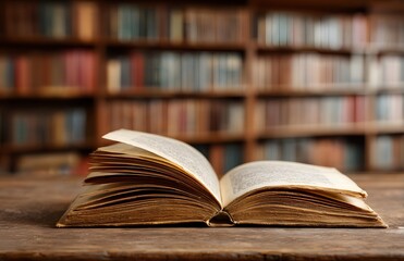 Fototapeta premium Open book with soft focus on wooden table with blurred bookshelf background in warm library atmosphere