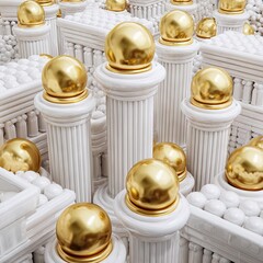 A detailed architectural design, showcasing intricate white pillars and golden spheres, creates a captivating and symmetrical structure.