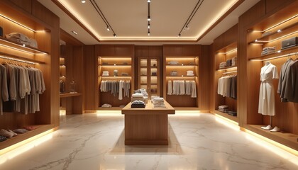 Luxurious boutique interior clothing, accessories with warm, sophisticated lighting. Wood accents, polished floors, elegant displays create stylish, modern ambience perfect for retail fashion.
