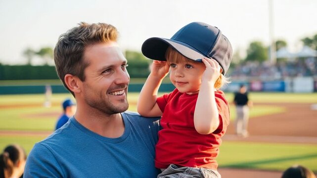 Happy Caucasian father holding his young son at a baseball game, both smiling and enjoying the family outing together on a sunny day.