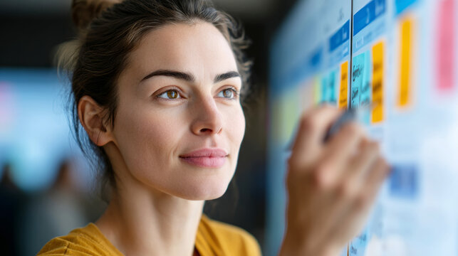 Project manager organizes tasks on interactive digital board for efficient workflow