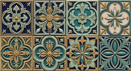 Ornate Floral Tile Mosaic: Detailed Ceramic Art with Intricate Relief and Rich Color Palette