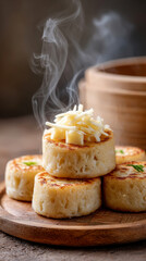 Steaming puto with melting cheese topping - perfect for culinary presentation