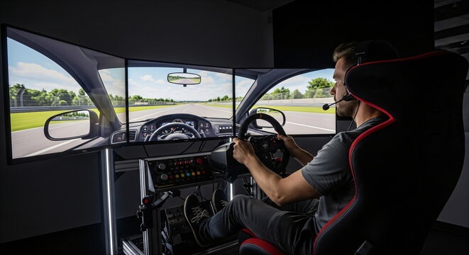 Man playing racing video game on monitor with steering wheel. Immersive gaming setup and virtual reality racing entertainment concept.