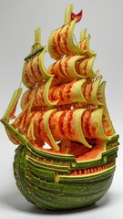 Watermelon carved into an old sailing ship