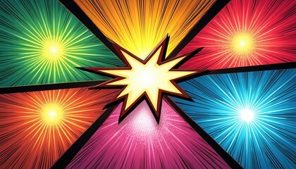 Explosive comic book page backgrounds feature vibrant starbursts in green, yellow, red, blue, pink. Central yellow star shape with white core creates dynamic pop-art effect. Retro graphic style