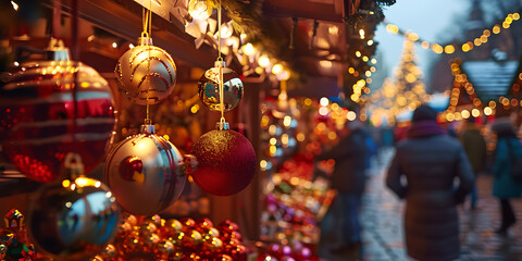 Fototapeta premium Festive Christmas Market Stall with Hanging Ornaments and Warm Lights