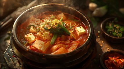 A steaming bowl of spicy seafood stew with tofu and green onions, set on a rustic wooden table