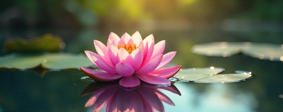 Fototapeta Serene water lily floating on calm water, sunlight reflecting on its petals Perfect for spa, wellness, and relaxation themes , spa, serenity now, water plant