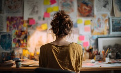 Fototapeta premium Woman artist with curly hair working in creative studio surrounded by colorful balloons, artwork and artistic supplies