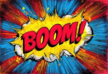 Comic book explosion, vibrant colors, BOOM!