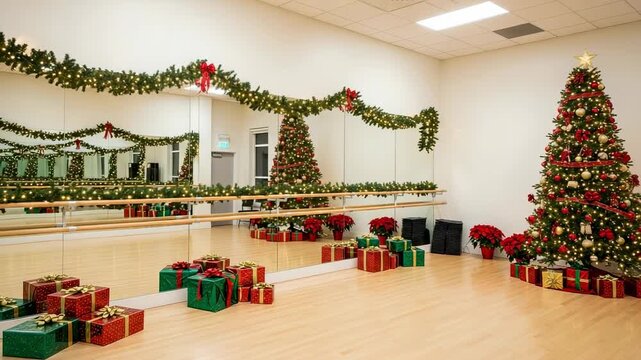 Bright and Cheerful Dance Studio Transformed for the Holiday Season with a Beautifully Decorated Christmas Tree, Garland, and Gifts Reflecting in Mirrors