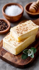 Fresh butter with herbs and spices on a rustic wooden board.