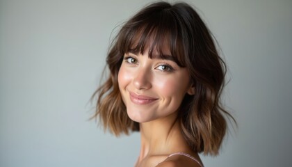 Fototapeta premium Smiling young woman with bangs hairstyle. Wavy brown hair frames her face. Fresh, modern beauty portrait with emphasis on vitality and natural appearance. Highlights hair care and salon simplicity.