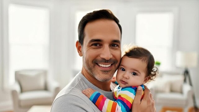 Joyful Hispanic father in his 30s-40s smiling while tenderly holding his adorable baby daughter in a bright, sunlit living room at home, showcasing a loving family bond.