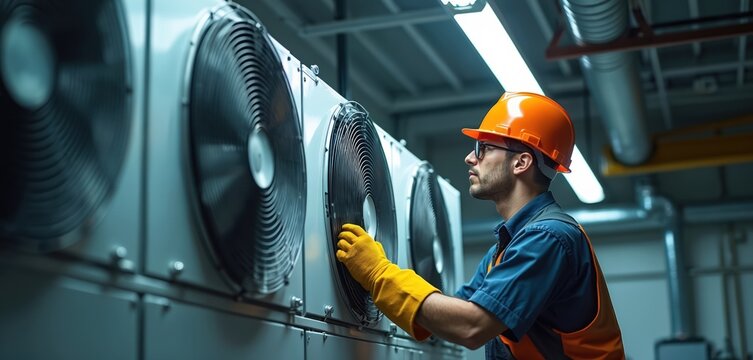 HVAC engineer in safety gear installs heat recovery ventilation system. Air conditioning technician performs maintenance, service. Man in uniform works on home equipment, fixing air conditioner.