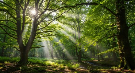 Obraz premium Magical Sunbeams in a Serene Green Forest