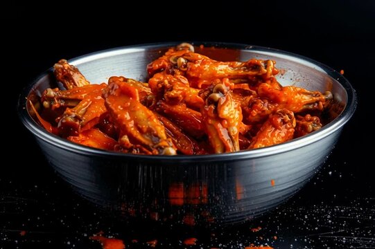 Hot wings  saucy and delicious fall into bowl, slow motion closeup. Fresh buffalo chicken wings are tossed into a bowl - isolated,  black background, spicy appetizer.