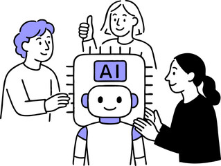 AI chip, Machine learning and man woman. Business team with robot. Flat vector illustration.