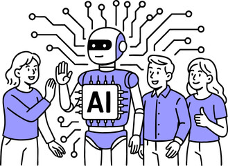 AI chip, Machine learning and man woman. Business team with robot. Flat vector illustration.